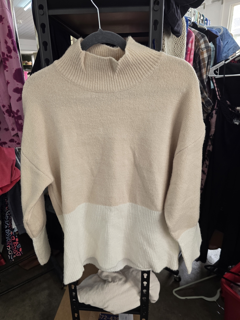 Neutral Two-Tone Cowl Neck Sweater in Beige and Cream
